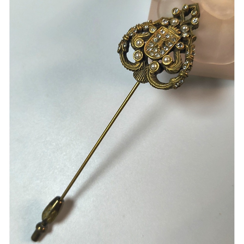 Vintage DeNicola Stick Pin Gold Tone Signed Seed Pearls Rhinestones 4"